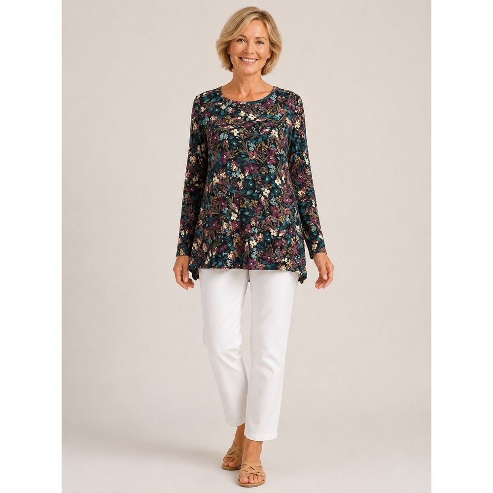 J.Jill Simply Supima Crew-Neck Tunic Women L Floral Long Sleeve Soft Cotton Boho